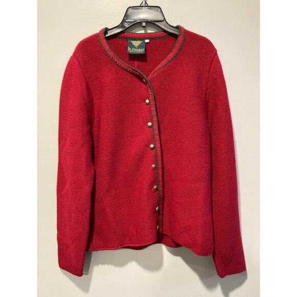 H. Moser Button Cardigan Red Green Embroidery Trim Wool 14 - Picture 1 of 9